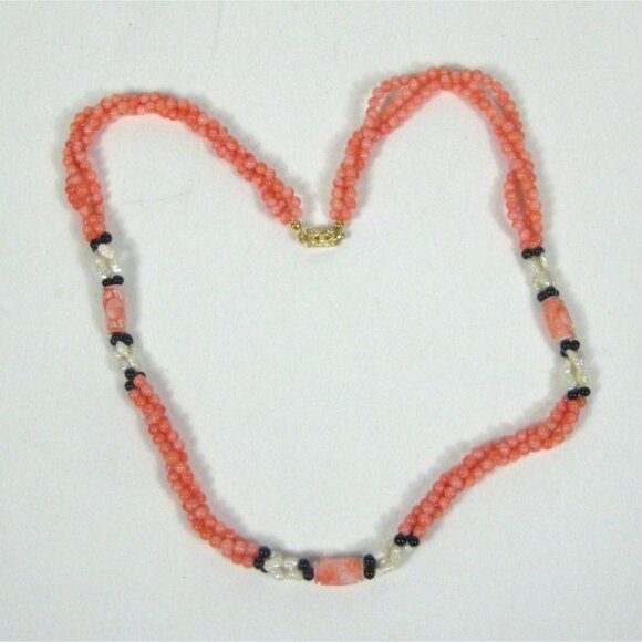 Vintage Coral Carved Bead Necklace Multi Strand Fresh Water Pearls 25 inch - Picture 1 of 13